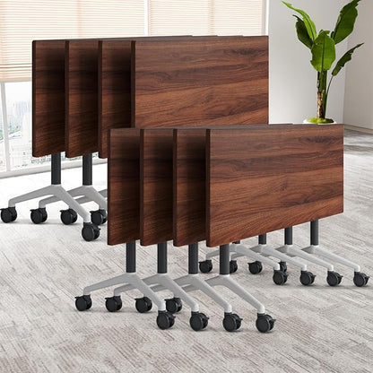 Conference Table, Folding Conference Room Table On Wheels Foldable Office Conference Table Moderen Modular Conference Training Table for Classroom Meeting(Walnut, 63IN, 8)