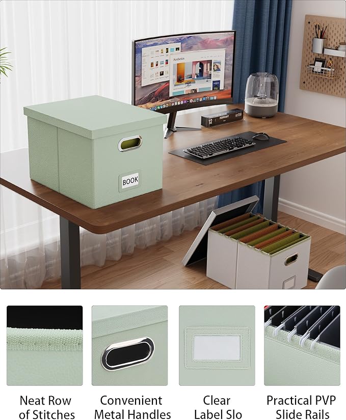 Oterri 2 Pack File Storage Organizer Box,Filing Box,Portable File Box with Lid,Fit for Letter/Legal File Folder Storage, Grey-green(Leather)-Box only