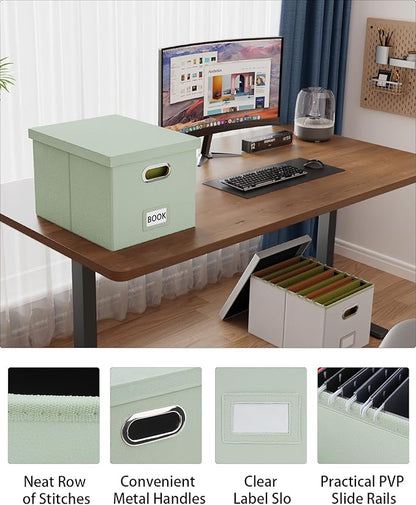 Oterri 2 Pack File Storage Organizer Box,Filing Box,Portable File Box with Lid,Fit for Letter/Legal File Folder Storage, Grey-green(Leather)-Box only