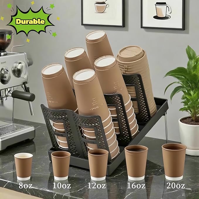 Cup Lid Dispenser and Dispenser Organizer Cup Display Stand,24 oz Plastic Coffee Cup Holder for Countertop,6Slots,Cup Display Stand on Restaurant,Bathroom,Kitchen,Coffee Shop