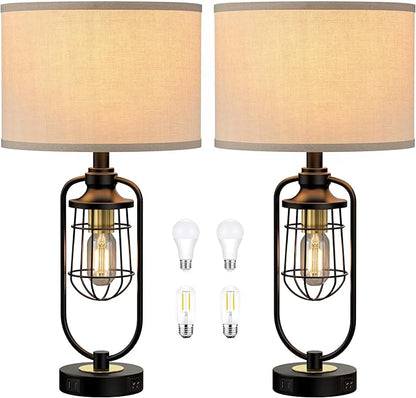 Table Lamps for Living Room Set of 2, Farmhouse Lamps for Night Stands, Industrial Bedside Lamps for Bedroom End Table with USB A+C, Bulbs Included
