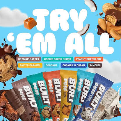 Built Bar, Puff Protein Bars, Brownie Batter Puff, 17g Protein Snacks, On-The-Go Bars, Only 140 Calories, 6g Sugar, Collagen, Gluten Free, 12 Count