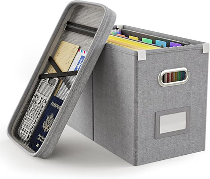 Oterri File Organizer Box with Lid, Hanging Filing File Box with Mesh Pocket, Document Organizer Box for Letter Files, Portable Storage Box with Smooth Sliding Rail for Office&Home(1 PCS, Grey)
