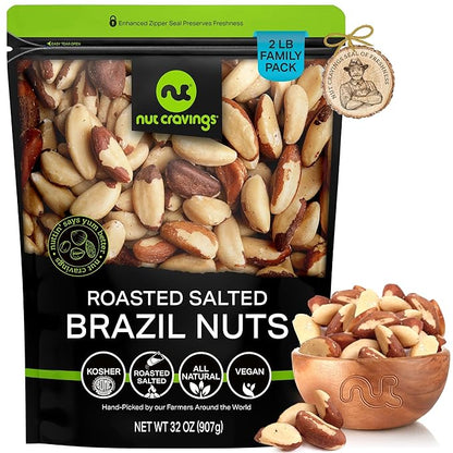 NUT CRAVINGS - Brazil Nuts Roasted & Salted - No Shell, Whole (32oz - 2 LB) Bulk Nuts Packed Fresh in Resealable Bag - Healthy Protein Food Snack, Food Assortments