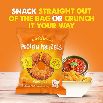 Crisp Power Protein Pretzels, NEW Cheddar, High Protein Vegan Keto Snack, 25 G Plant Based Protein, Low Carb Crunchy Pretzel Snacks, No Added Sugar, No Seed Oils, 1.75 oz Bags, 6 Pack
