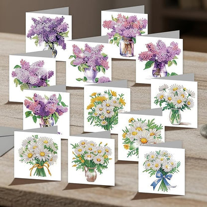 jinglinhh 12pcs Diamond Art Painting Lavender Daisy Flower Bouquet Greeting Cards with Envelopes, DIY Card Making Kits for Adults, Diamond Art Postcards Christmas Cards Craft Gifts