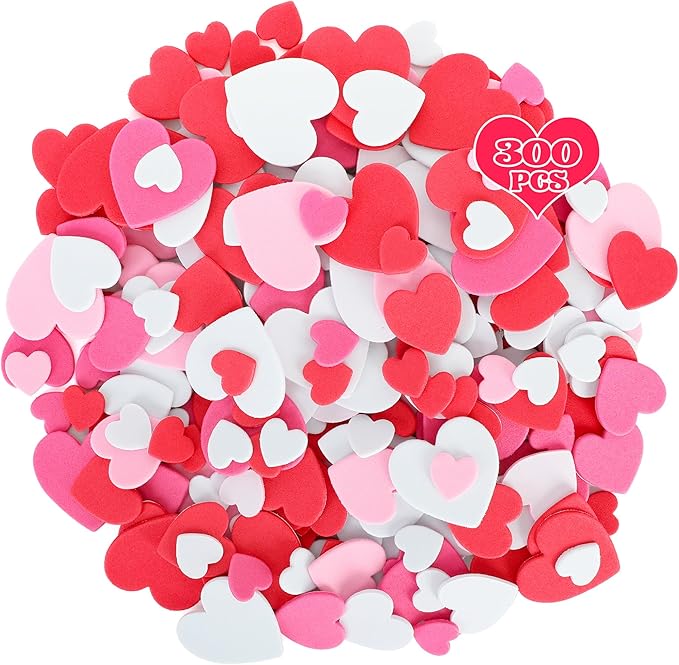 300 PCS Valentines Stickers, Matte Foam Heart Stickers, 3 Sizes Hearts for Crafts, Rose Red Self-Adhesive Valentines Foam Stickers for DIY Wedding Birthday Valentine's Dating