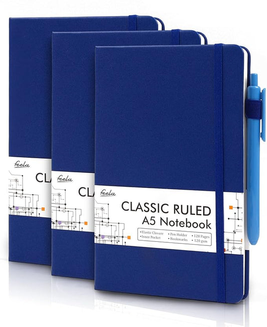 feela 3 Pack Notebooks Journals Bulk with 3 Black Pens, A5 Hardcover Notebook Classic Ruled Lined Journal Set with Pen Holder for Work Business Journaling Note Taking, 120 GSM, 5.1”x8.3”, Navy