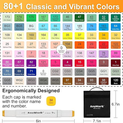 AnyMark Alcohol Markers Brush Tip, 80+1 Colors Dual Tip Brush & Chisel Alcohol-Based Art Markers Set with Case for Adult Artists Drawing Coloring