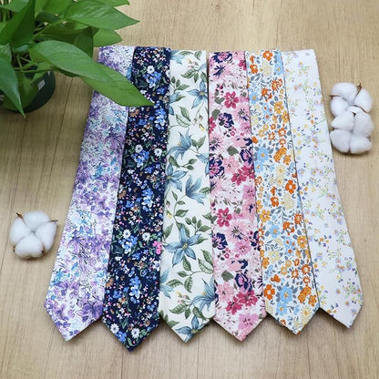 Cotton Floral Ties for Men 2.76" Men's Skinny Tie Linen Flower Printed Neck Tie for Wedding Dating Party