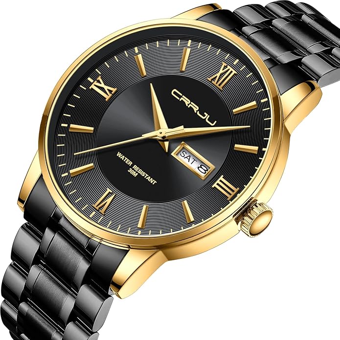 CRRJU Men's Fashion Luxury Stainless Steel Watches for Men Business Auto Date Chronograph Analog Quartz Wristwatches
