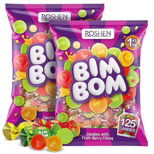 Roshen Bim Bom Hard Candy, Assorted Fruit & Berry Filled Candies, Individually Wrapped, Bulk 2.2 lbs (1 kg) – Pear, Pineapple, Strawberry, Tutti-Frutti Flavors (Pack of 2)