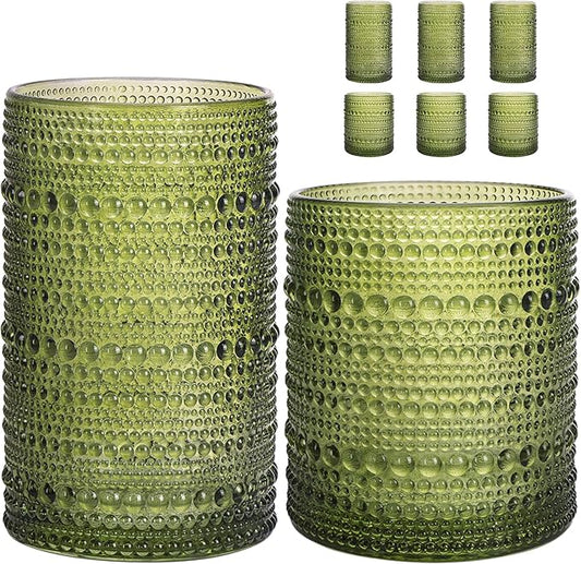 Moretoes Hobnail Drinking Glasses Set of 6, 12 Oz Highball Glasses & 10 Oz Cocktail Glasses, Clear Embossed Boho Glass Cups Kitchen Bar Tumbler Glassware Set for Whiskey, Beer, Juice, Milk (Green)