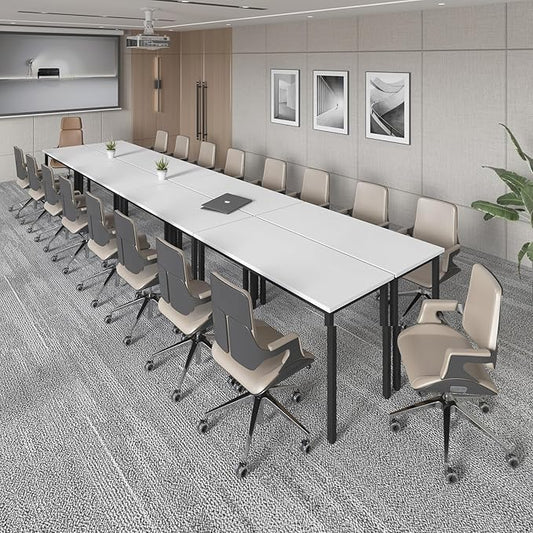 Bonzy Home Conference Tables 18ft Office Computer Desk for Meeting Room Study Writing Printer Table Meeting Seminar Table for 20 People Rustic Modern White 8PCS 220.4"x47.2"x29.5"