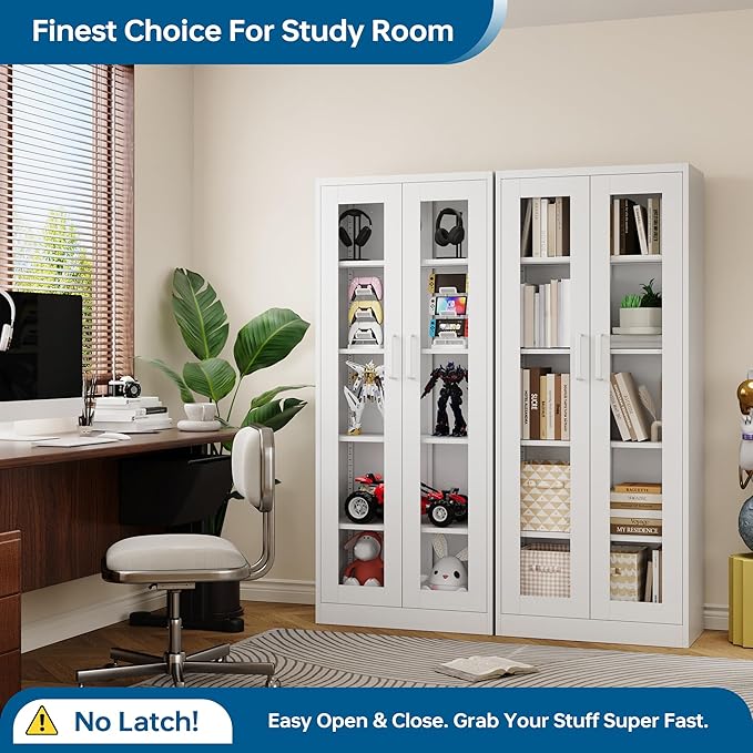 Display Storage Cabinet with Glass Door, 67 Inches Metal Curio Cabinet with 4 Adjustable Shelves, HD&Tempered Glass Display Case for Home, Office, Clinic, Pantry, Assemble Required (White)