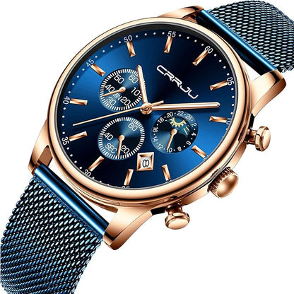 CRRJU Men's Fashion Casual Watches Auto Date Chronograph Watch Men Nice Work Watches Waterproof 30M Full Steel Quartz with Mesh Strap
