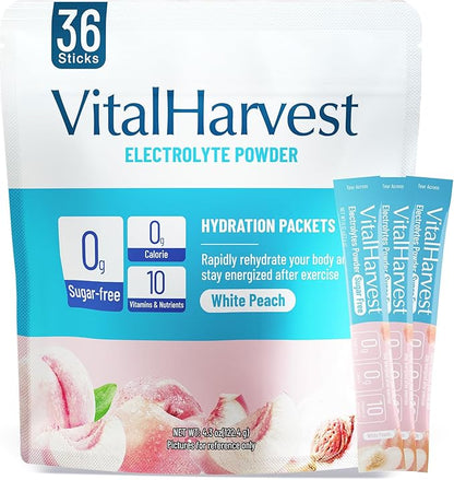 VitalHarvest 36 Sticks Electrolytes Powder Packets Sugar Free Hydration Packets Electrolyte Liquid Daily IV Drink Mix with White Peach, Low Sodium, 0 Calorie