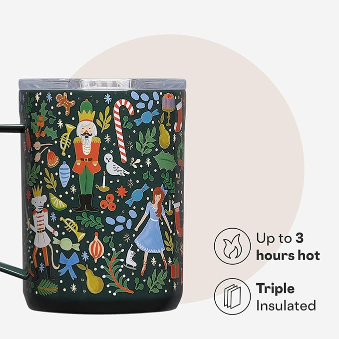 Corkcicle x Rifle Paper Co. Triple Insulated Coffee Mug with Lid & Handle - Keeps Beverages Hot for 3+ Hours - Gift for Mom - Great for Mother's Day or Christmas - 16 oz - Nutcracker Green