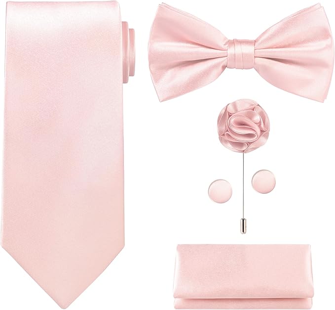 TIE G 5pcs Tie Set in WHITE OR BLACK GIFT BOX: Solid Color Necktie, Satin Bow Tie, Pocket Square, Lapel, Cuff Links