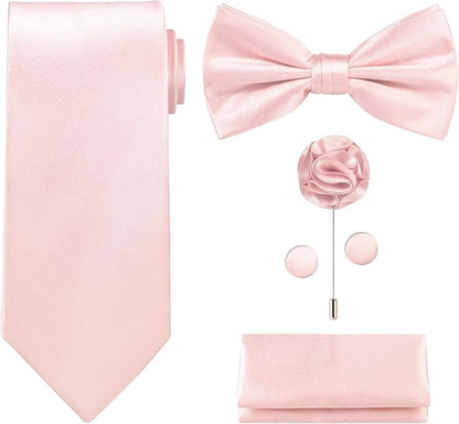 TIE G 5pcs Tie Set in WHITE OR BLACK GIFT BOX: Solid Color Necktie, Satin Bow Tie, Pocket Square, Lapel, Cuff Links