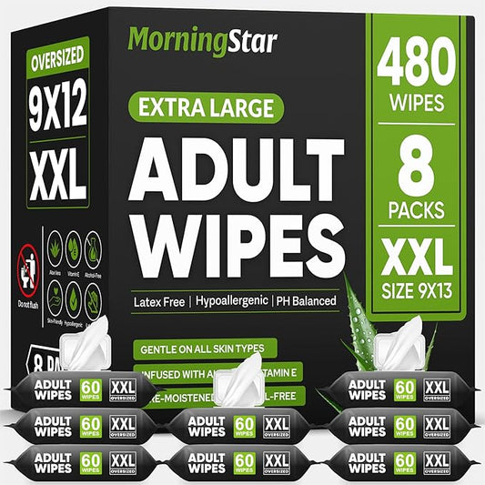 Adult Wipes for Elderly - Thick Extra Large Disposable Washcloths for Adult Bathing & Shower Alternative No-Rinse - Lightly Scented XXL (8 Pack (480 Wipes))