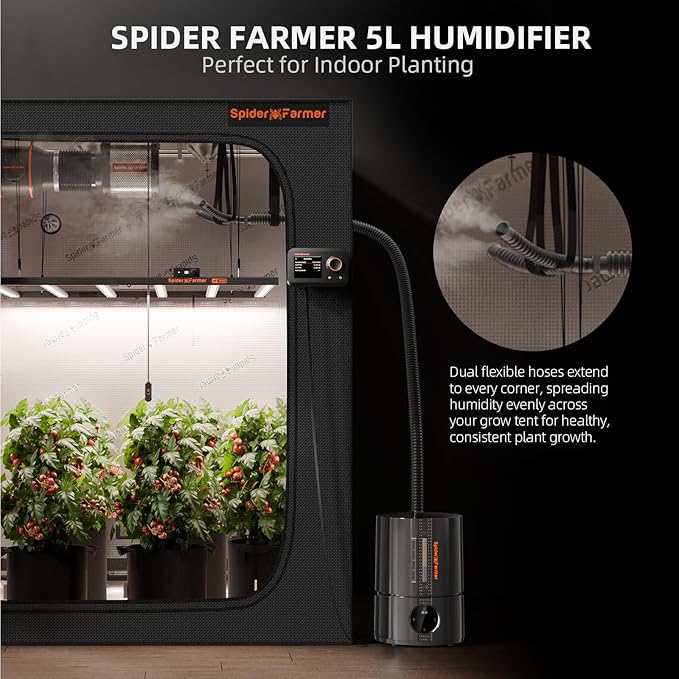 Spider Farmer New 450ml/h Humidifier for Plants Grow Tent Large Room, GGS Smart Customized Humidity Control Cool Mist with Extendable Targeting Hose and Temp & Humidity Probe Indoor Black 5L (Upgrade)