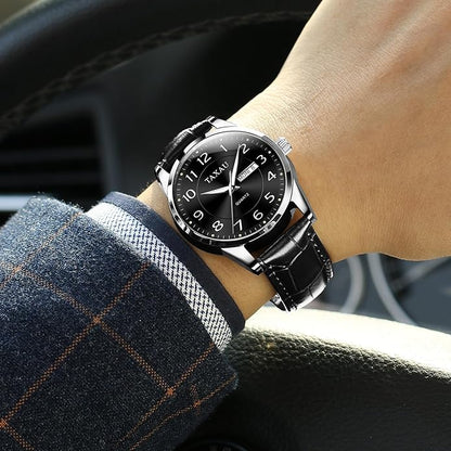 Men's Watch Big Face Easy Read Arabic Numeral Dress Watches for Men Classic Black Brown Leather Band Analog Mens Wrist Watch with Day and Date Fashion Business Waterproof Luminous Quartz Watch