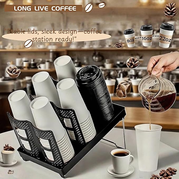 Cup Lid Dispenser and Dispenser Organizer Cup Display Stand,24 oz Plastic Coffee Cup Holder for Countertop,6Slots,Cup Display Stand on Restaurant,Bathroom,Kitchen,Coffee Shop