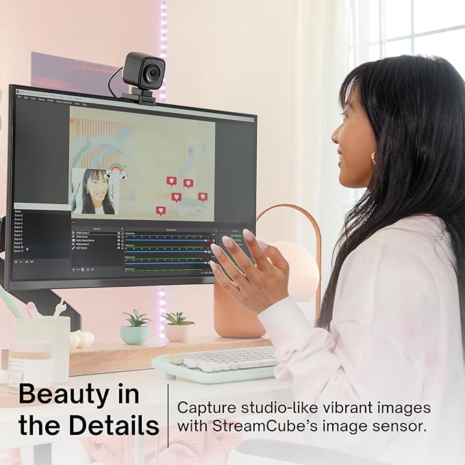 Pixio StreamCube Webcam Professional 1440p WQHD Premium Web Camera – Always Focus Technology - Works with OBS YouTube Twitch Zoom Teams Meet for Live Streaming, Gaming, PC and Mac