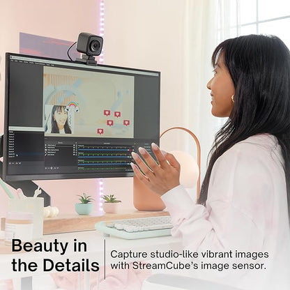 Pixio StreamCube Webcam Professional 1440p WQHD Premium Web Camera – Always Focus Technology - Works with OBS YouTube Twitch Zoom Teams Meet for Live Streaming, Gaming, PC and Mac