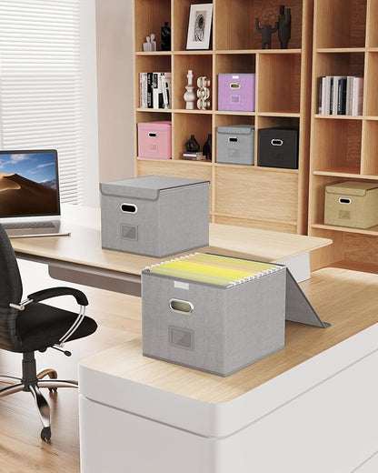 Oterri 2 Pack File Organizer Box,File Box,Small File Cabinet for Letter Folders,Gray-white Portable Filing Box,Hanging File Folder Organizer Box with Lid for Office- without Folders