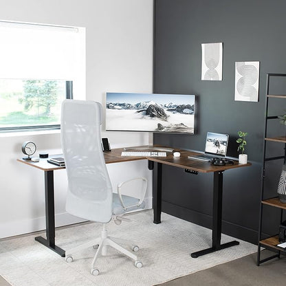 VIVO Electric Corner 63 x 55 inch L-Shaped Standing Desk, Memory Height Adjustment, Rustic Vintage Brown Top Black Frame, DESK-E3CTN