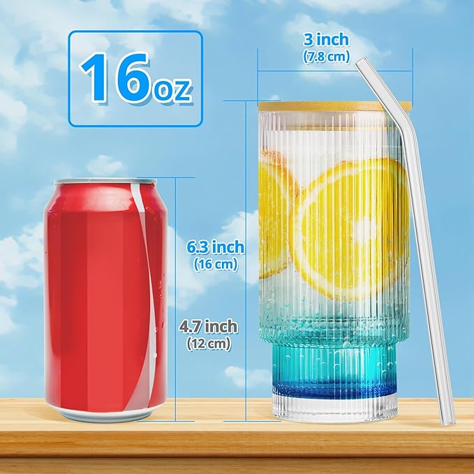 Glass Cups with Lids and Straws - 16 oz Iced Coffee Cups, Vintage Ribbed Drinking Glasses with Bamboo Lids, Glass To-Go Cup, Party, Tumbler for Juice, Beer, Coffee, Milk, Cocktail, Water (4 Pack)
