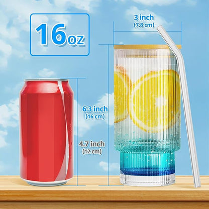 Glass Cups with Lids and Straws - 16 oz Iced Coffee Cups, Vintage Ribbed Drinking Glasses with Bamboo Lids, Glass To-Go Cup, Party, Tumbler for Juice, Beer, Coffee, Milk, Cocktail, Water (4 Pack)