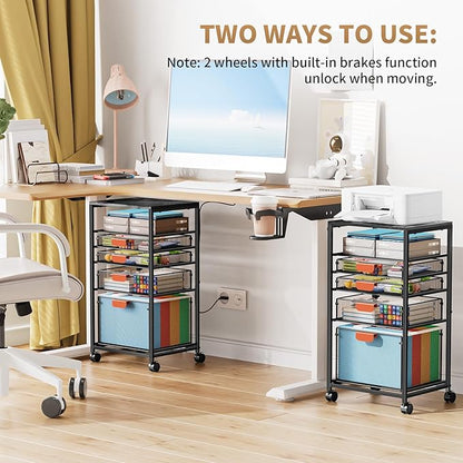 Marbrasse Rolling File Cart with 4 Storage Drawers, Mobile File Cabinet on Lockable Wheels, Hanging Filing Cabinet Organize, Under Desk Utility Cart for Home Office