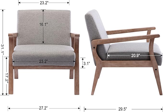 Mid Century Modern Accent Chair Set of 2, Linen Upholstered Living Room Accent Armchair with Wood Frame, Farmhouse Chair for Living Room Bedroom, Gray