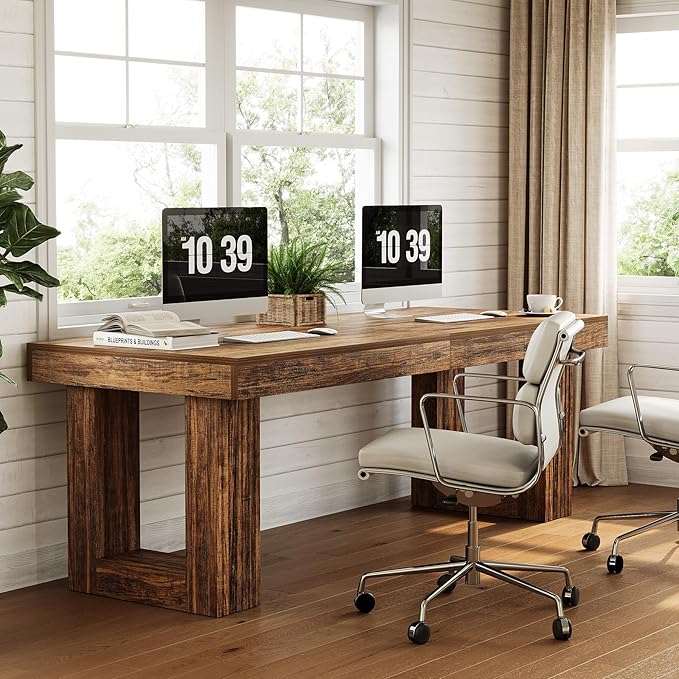 LITTLE TREE Two Person Desk, 86.6 Inches Extra Long Computer Desk, Double Computer Writing Table for 2 People, Wooden Large Desks Business Workstation for Home Office, Rustic Brown