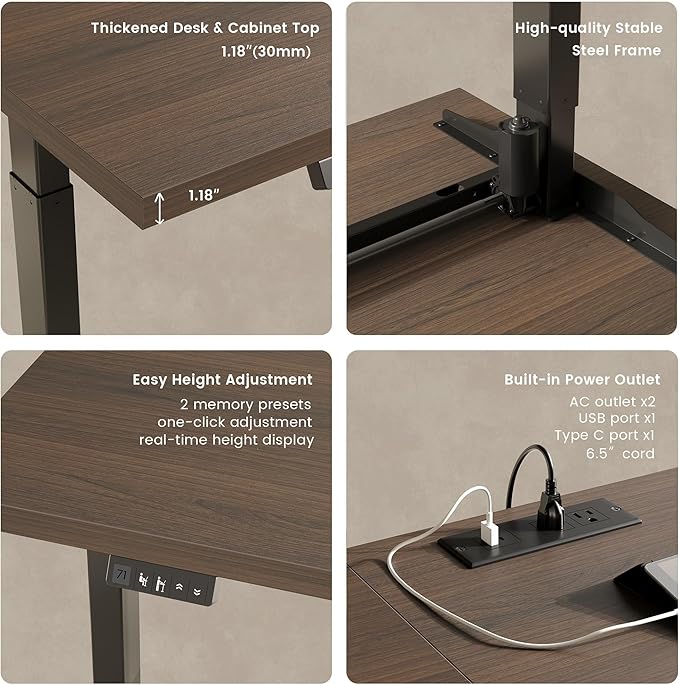 Home Office Furniture Set, 114" Standing Desk with 2 File Cabinets, AC/USB, Extra Long Double Desk for 2 Person, Electric Height Adjustable for Home and Office, Black Walnut