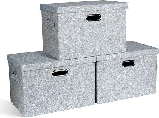Large 17" 36 Quart Collapsible Stackable Storage Bins with Lids, 3 Packs Blue-Grey Linen Fabric Closet Boxes with Lids, Storage Cube Baskets Container Organizers for Bedroom (17x12x11)