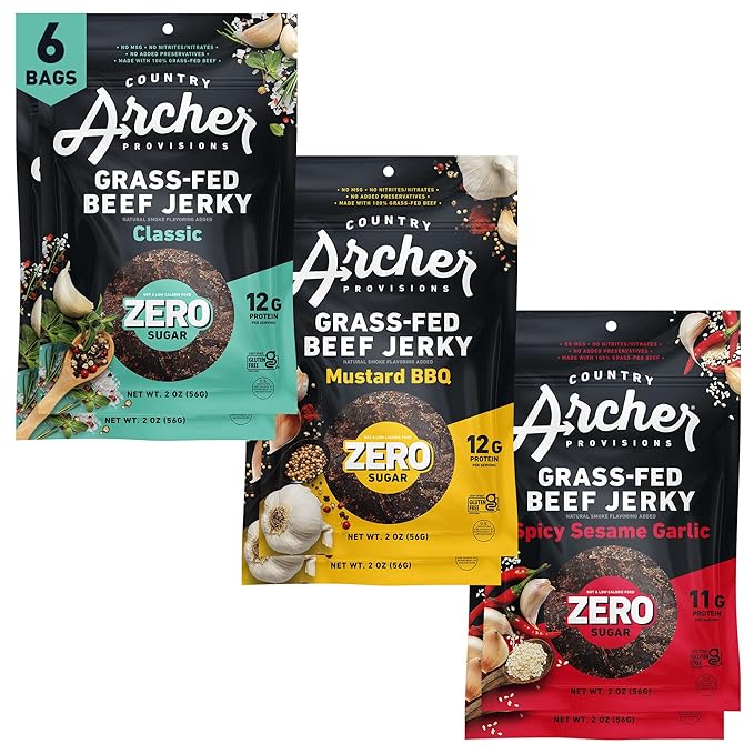 Country Archer Grass-Fed Beef Jerky Variety Pack - Beef Jerky Snack Packs, Beef Jerky Assortment, Jerky Sampler with Classic, Mustard BBQ and Spicy Sesame Garlic - 2 oz (Pack of 6)
