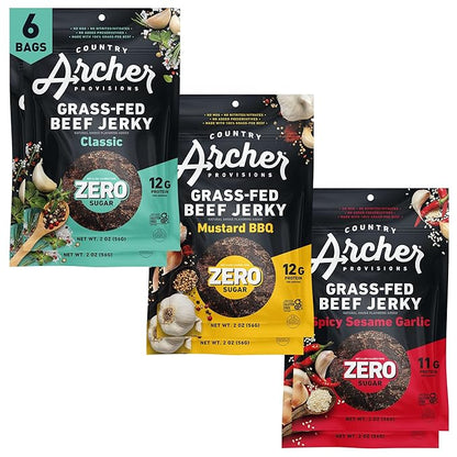 Country Archer Grass-Fed Beef Jerky Variety Pack - Beef Jerky Snack Packs, Beef Jerky Assortment, Jerky Sampler with Classic, Mustard BBQ and Spicy Sesame Garlic - 2 oz (Pack of 6)