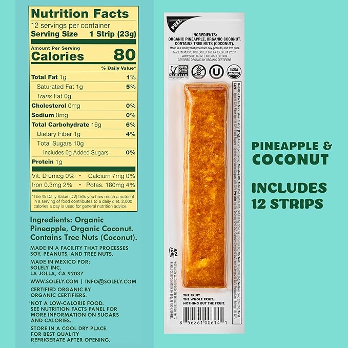 SOLELY - Organic Pineapple Coconut Fruit Jerky - 12 Individually Wrapped Strips - Fruit Leather Made from Dried Fruit - Healthy Snacks for Adults & Kids - Non GMO, Vegan Snacks - 0.8oz (23g)
