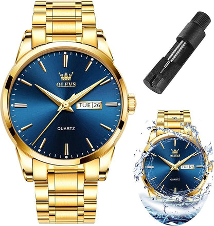 OLEVS Men's Luxury Watch Waterproof Luminous Easy Read Chronograph Watches Full Gold/White Dail/Black Face with Calendar Wristwatch