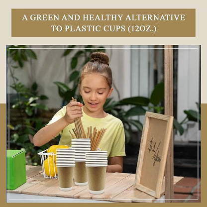 three leaf 12 Oz. Disposable Paper Cups, (Brown) 200 Ct. (8 Packs Of 25), Hot/Cold Cup For Coffee, Water, Tea, Juice, Picnic, Party, Travel And Events