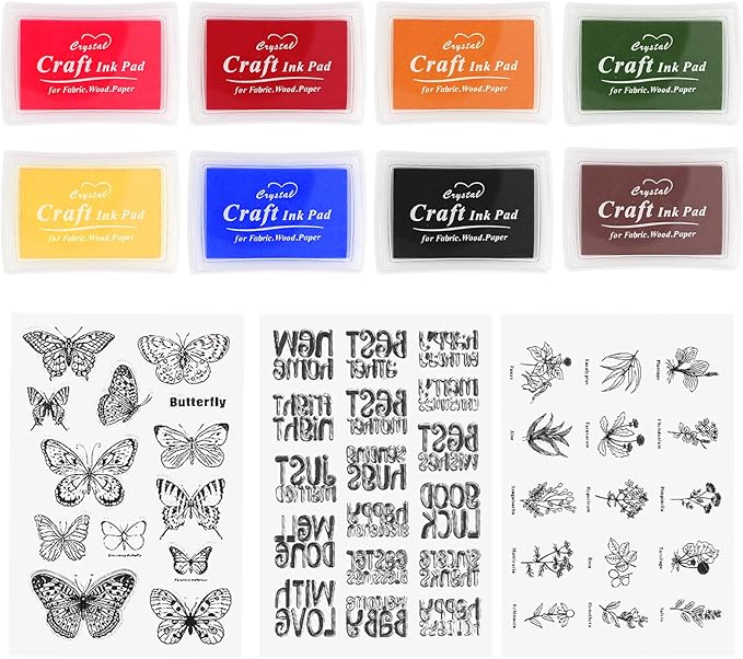 Craft Ink Pads and Clear Stamps Set for Card Making, 8 Washable Finger Stamp Pad,Rubber Stamps for Journaling, Scrapbooking, DIY Arts Craft Beginner Kit for Teens and Adults