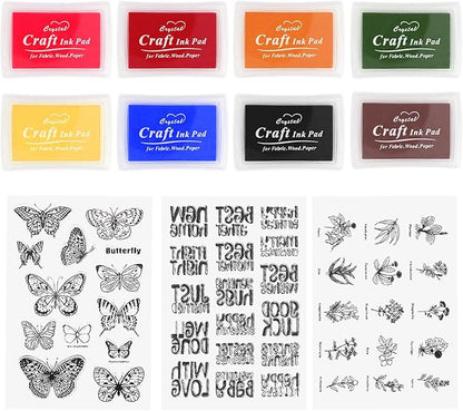 Craft Ink Pads and Clear Stamps Set for Card Making, 8 Washable Finger Stamp Pad,Rubber Stamps for Journaling, Scrapbooking, DIY Arts Craft Beginner Kit for Teens and Adults