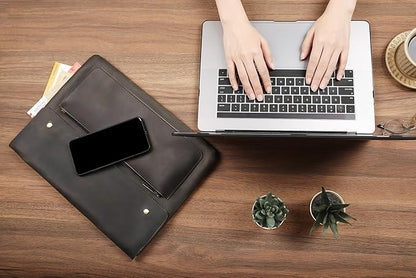 Genuine Leather Sleeve for 13/14/15-in MacBook Pro & MacBook Air, Slim Protective Laptop Case, Folio Document Organizer Leather Folder Portfolio-Grey