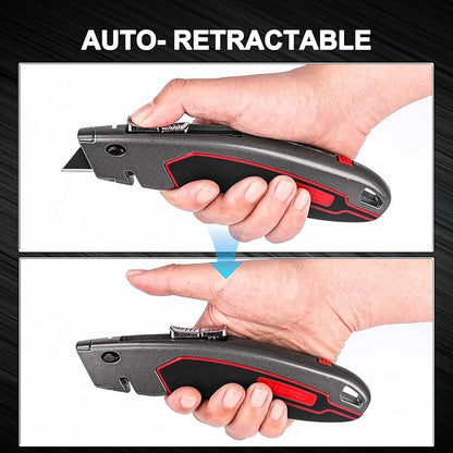 HAUTMEC Heavy-Duty Utility Knife, Safety Box Cutter with Auto-Retracting & 3-Position Locking Dual-System, Built-In Wire Stripper, Blade Storage and 3 Ultra-sharp SK4 Blades – HT0311