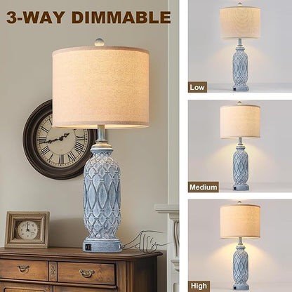 28" Living Room Lamps Set of 2, Farmhouse Lamps for Bedroom with USB A+C Charging Ports, Touch Lamps for Nightstand, 2 Bulbs Included