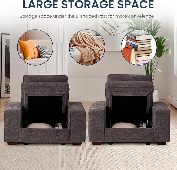 TEKAMON 45" Accent Chair with Seat Storage, Oversized Single Sofa Chair, Modern Chenille Fabric Armchair for Living Room/Office with Deep Seat, Wide Armrests, Side Pockets, USB, WashableCovers(DkGrey)